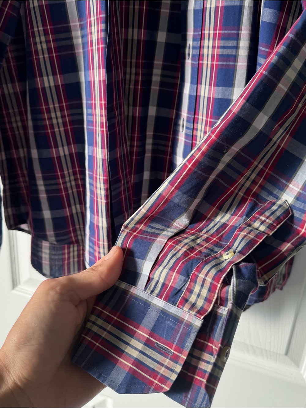 Carolina Herrera Navy and Red Plaid Button-Down Shirt - Picture 3 of 4